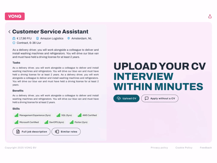 AI Screening by VONQ — candidates engage through chat and voice the moment they apply
