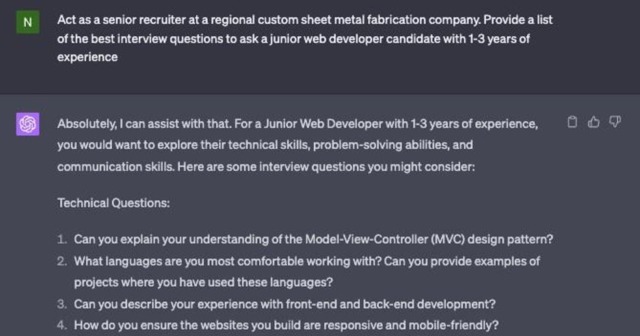 Examples of several interview questions to ask a junior web developer candidate with 1 - 3 years of experience generated by ChatGPT