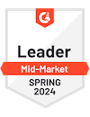 A G2 official badge signifying JazzHR as a Leader in Mid-Market software, earned in the Spring of 2024