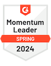 A G2 official badge signifying JazzHR as a Momentum software leader, earned in the Spring of 2024
