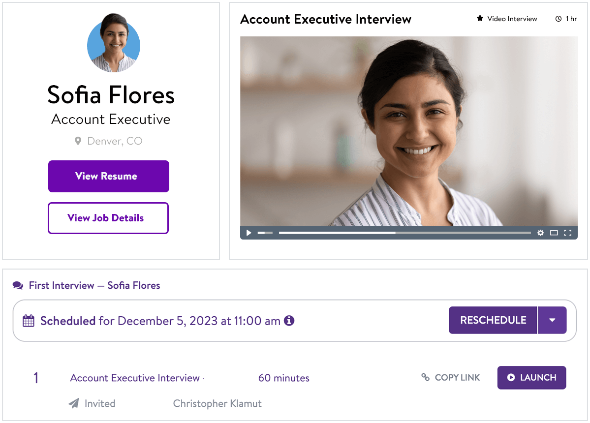 JazzHR product screen of a female candidate profile, Sofia Flores, and the next steps for her scheduled interview, with buttons to view her resume and view original job listing details