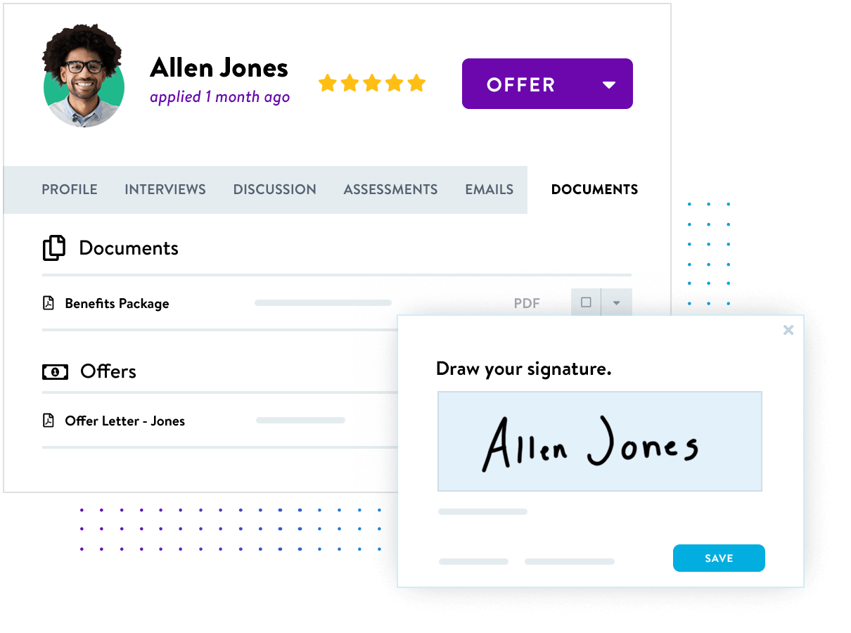 JazzHR product screen of a male candidate, Allen Jones, in the offer stage, with avatar, name, rating, accompanying list of documents, and offer signature.