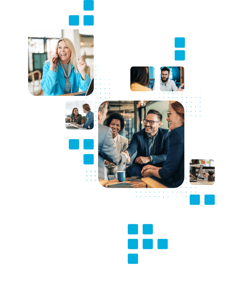Great hiring starts with JazzHR | masthead multiple image grid of smiling, collaborative colleagues shaking hands, talking on the phone or with coworkers, and listening intently